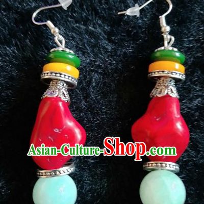 Traditional Chinese Zang Ethnic Red Stone Earrings Folk Dance Ear Accessories Handmade Tibetan Nationality Eardrop for Women