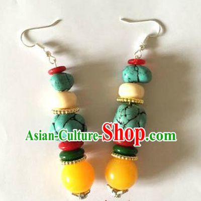Traditional Chinese Zang Ethnic Green Stone Earrings Folk Dance Ear Accessories Handmade Tibetan Nationality Eardrop for Women