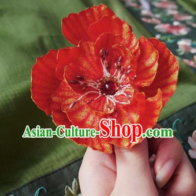 Handmade Chinese Red Silk Flower Hairpins Traditional Hanfu Hair Accessories Ancient Song Dynasty Court Hair Clip for Women