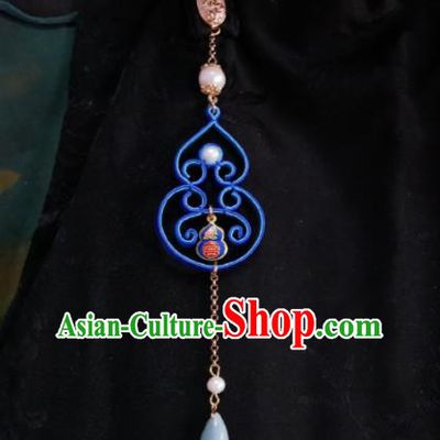 Chinese Classical Cheongsam Blue Silk Cucurbit Brooch Traditional Hanfu Accessories Handmade Aventurine Tassel Breastpin Pendant for Women