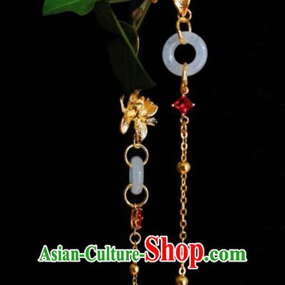 Chinese Handmade Golden Lotus Earrings Traditional Hanfu Ear Jewelry Accessories Jade Ring Tassel Eardrop for Women