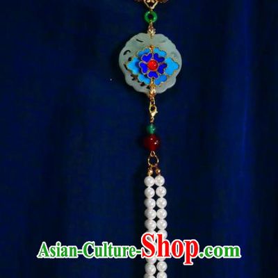 Chinese Classical Jade Brooch Traditional Hanfu Cheongsam Accessories Handmade Cloisonne Flower Tassel Breastpin Pendant for Women