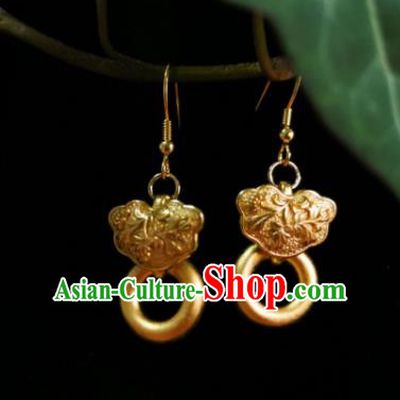 Chinese Handmade Qing Dynasty Golden Ring Earrings Traditional Hanfu Ear Jewelry Accessories Classical Court Eardrop for Women
