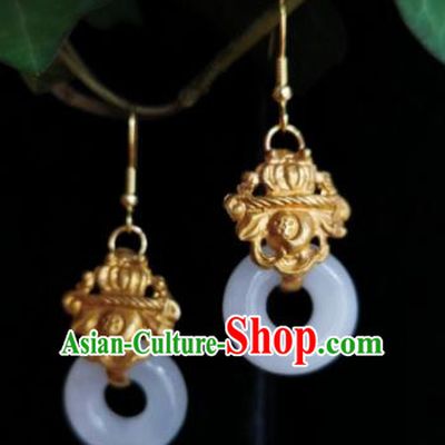 Chinese Handmade Qing Dynasty White Jade Ring Ring Earrings Traditional Hanfu Ear Jewelry Accessories Classical Court Golden Eardrop for Women