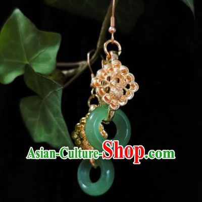 Chinese Handmade Qing Dynasty Jade Ring Ring Earrings Traditional Hanfu Ear Jewelry Accessories Classical Court Golden Eardrop for Women