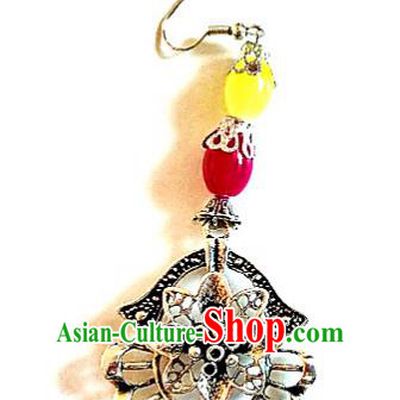 Traditional Chinese Zang Ethnic Rosy Beads Earrings Folk Dance Ear Accessories Handmade Tibetan Nationality Silver Eardrop for Women