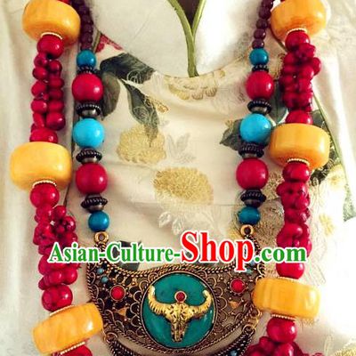 Chinese Traditional Zang Nationality Folk Dance Bull Head Green Necklet Decoration Tibetan Ethnic Handmade Retro Necklace Jewelry Accessories for Women