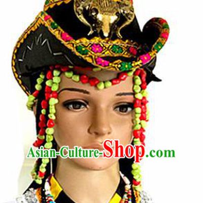 Chinese Traditional Tibetan Nationality Folk Dance Hat Decoration Handmade Zang Ethnic Headdress Stage Show Headwear for Women