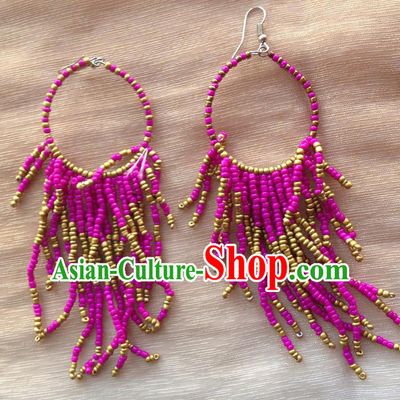Traditional Chinese Zang Ethnic Purple Beads Tassel Earrings Folk Dance Ear Accessories Handmade Tibetan Nationality Eardrop for Women