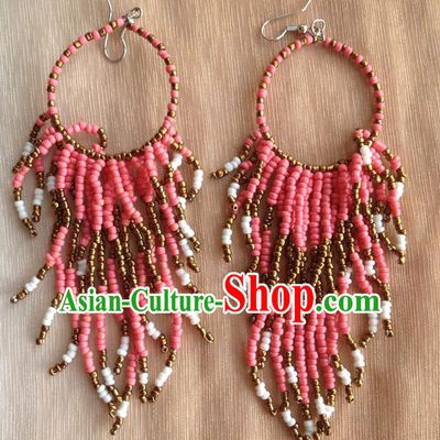 Traditional Chinese Zang Ethnic Pink Beads Tassel Earrings Folk Dance Ear Accessories Handmade Tibetan Nationality Eardrop for Women