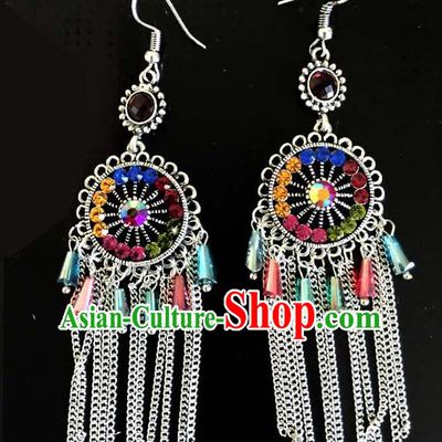 Traditional Chinese Zang Ethnic Colorful Sequins Earrings Folk Dance Ear Accessories Handmade Tibetan Nationality Tassel Eardrop for Women