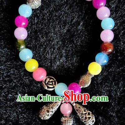 Handmade Chinese Traditional Tibetan Nationality Silver Fish Bracelet Accessories Decoration Zang Ethnic Colorful Beads Bangle for Women