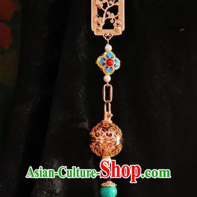 Chinese Classical Carving Plum Brooch Traditional Hanfu Cheongsam Accessories Handmade Golden Sachet Tassel Breastpin Pendant for Women
