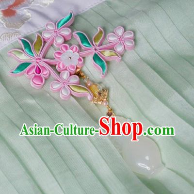 Chinese Classical Pink Silk Flowers Brooch Traditional Hanfu Cheongsam Accessories Handmade White Jade Vase Breastpin Pendant for Women
