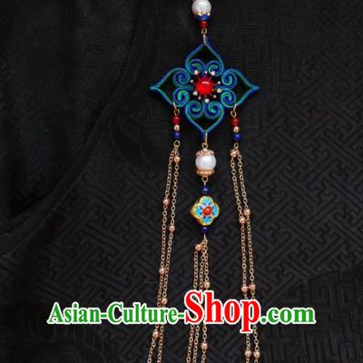 Chinese Classical Golden Tassel Brooch Traditional Hanfu Cheongsam Accessories Handmade Blue Silk Breastpin Pendant for Women