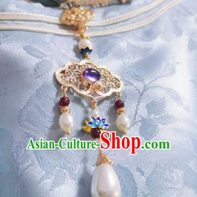 Chinese Classical Lilac Chalcedony Brooch Traditional Hanfu Cheongsam Accessories Handmade Blueing Lotus Breastpin Pendant for Women