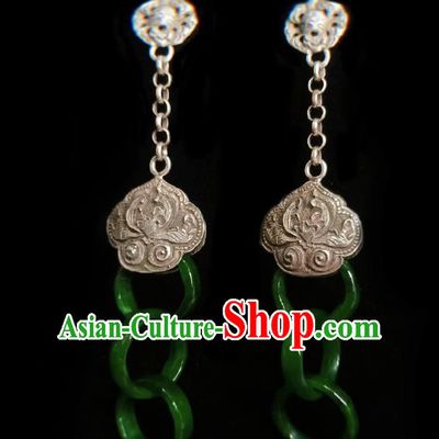 Chinese Handmade Court Jade Rings Earrings Traditional Hanfu Ear Jewelry Accessories Classical Silver Carving Eardrop for Women