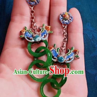 Chinese Handmade Court Jade Rings Earrings Traditional Hanfu Ear Jewelry Accessories Classical Cloisonne Bat Eardrop for Women