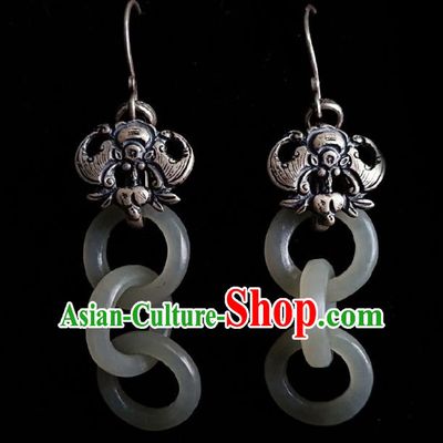 Chinese Handmade Court White Jade Rings Earrings Traditional Hanfu Ear Jewelry Accessories Classical Silver Bat Eardrop for Women