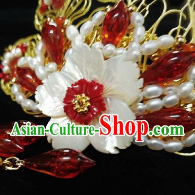 Handmade Chinese Pearls Hair Crown Hairpins Traditional Hanfu Hair Accessories Ancient Qing Dynasty Shell Flower Hair Clip for Women