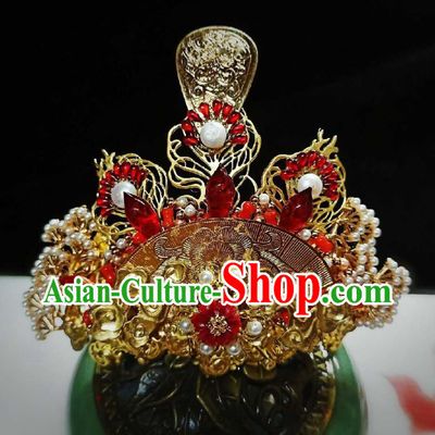 Handmade Chinese Golden Hair Crown Hairpins Traditional Hanfu Hair Accessories Ancient Qing Dynasty Hair Clip for Women