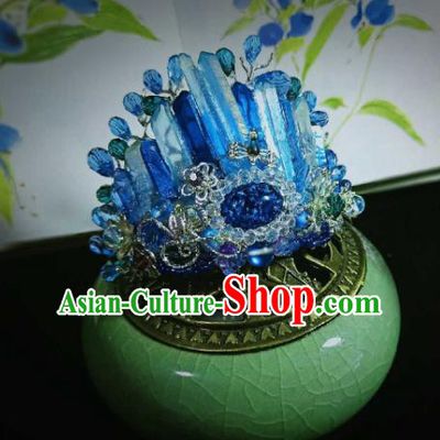Handmade Chinese Royalblue Crystal Hair Crown Hairpins Traditional Hanfu Hair Accessories Ancient Court Hair Clip for Women