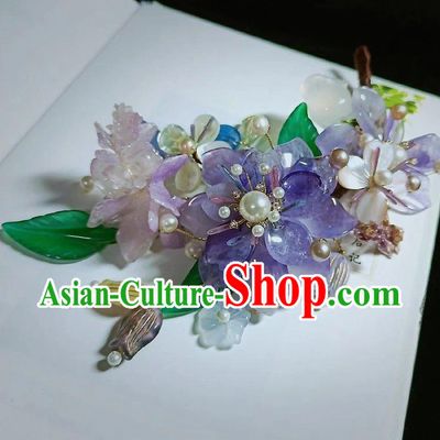 Handmade Chinese Amethyst Flowers Hair Stick Hairpins Traditional Hanfu Hair Accessories Ancient Court Hair Claw for Women
