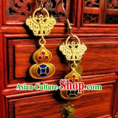Chinese Handmade Qing Dynasty Golden Cucurbit Earrings Traditional Hanfu Ear Jewelry Accessories Classical Court Eardrop for Women