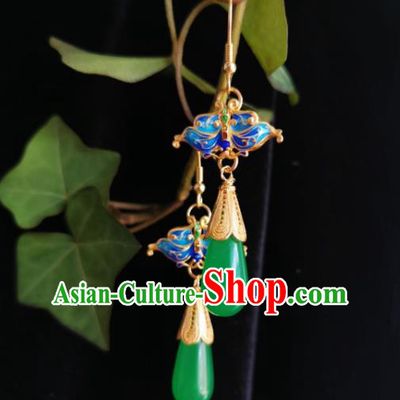 Chinese Handmade Court Jade Earrings Traditional Hanfu Ear Jewelry Accessories Classical Cloisonne Butterfly Eardrop for Women