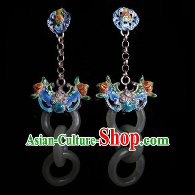 Chinese Handmade Court Blueing Bat Earrings Traditional Hanfu Ear Jewelry Accessories Classical White Jade Rings Eardrop for Women