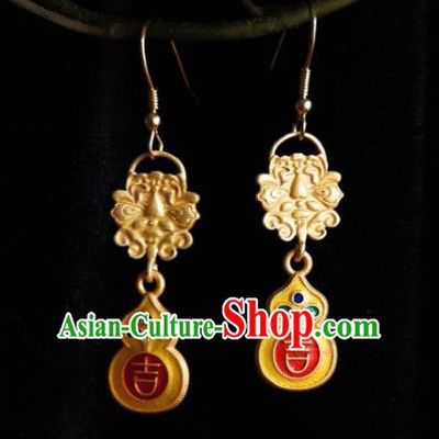 Chinese Handmade Qing Dynasty Golden Earrings Traditional Hanfu Ear Jewelry Accessories Classical Court Cloisonne Eardrop for Women