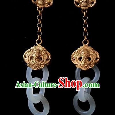 Chinese Handmade Court Golden Bat Earrings Traditional Hanfu Ear Jewelry Accessories Classical White Jade Rings Eardrop for Women
