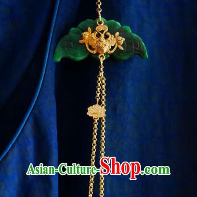 Chinese Classical Golden Bat Brooch Traditional Hanfu Cheongsam Accessories Handmade Jade Tassel Breastpin Pendant for Women