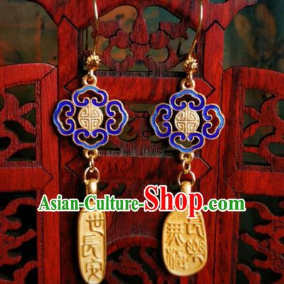 Chinese Handmade Qing Dynasty Blueing Earrings Traditional Hanfu Ear Jewelry Accessories Classical Court Golden Eardrop for Women