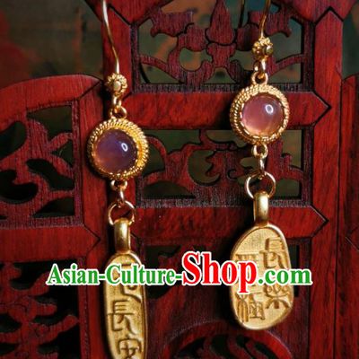 Chinese Handmade Qing Dynasty Earrings Traditional Hanfu Ear Jewelry Accessories Classical Court Golden Eardrop for Women