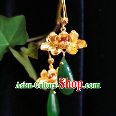 Chinese Handmade Qing Dynasty Golden Peony Earrings Traditional Hanfu Ear Jewelry Accessories Classical Court Jade Eardrop for Women