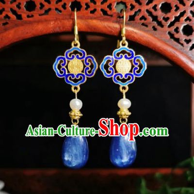 Chinese Handmade Qing Dynasty Blue Stone Earrings Traditional Hanfu Ear Jewelry Accessories Classical Lucky Eardrop for Women