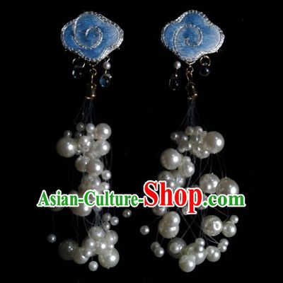 Chinese Handmade Embroidered Blue Cloud Earrings Traditional Hanfu Ear Jewelry Accessories Classical Pearls Eardrop for Women