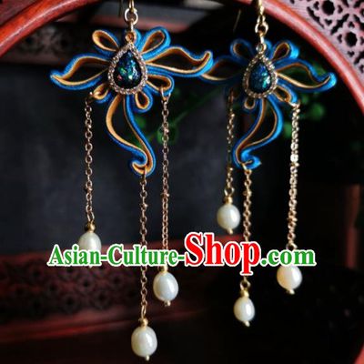 Chinese Handmade Green Stone Earrings Traditional Hanfu Ear Jewelry Accessories Classical Silk Flower Tassel Eardrop for Women