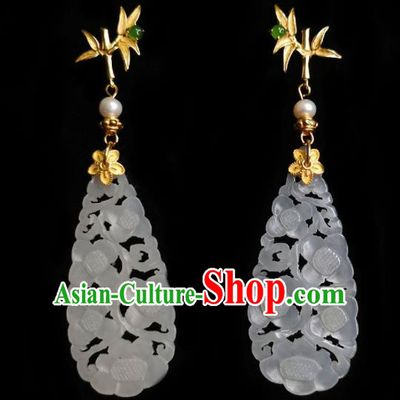 Chinese Handmade Golden Bamboo Earrings Traditional Hanfu Ear Jewelry Accessories Classical Jade Carving Eardrop for Women