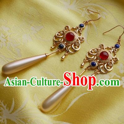 Chinese Handmade Court Golden Earrings Traditional Hanfu Ear Jewelry Accessories Classical Agate Pearls Eardrop for Women