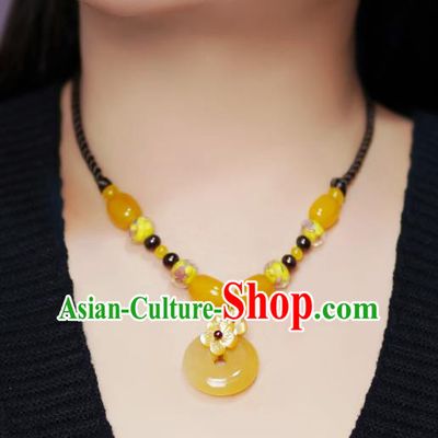 Chinese Handmade National Yellow Chalcedony Necklet Decoration Traditional Peace Buckle Necklace Accessories for Women