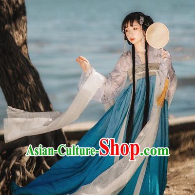 Chinese Tang Dynasty Historical Costumes Traditional Hanfu Garment Ancient Princess Blouse and Blue Chiffon Dress Complete Set