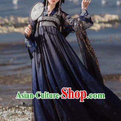 Chinese Tang Dynasty Court Lady Historical Costumes Traditional Hanfu Garment Ancient Princess Navy Blouse and Chiffon Dress for Women