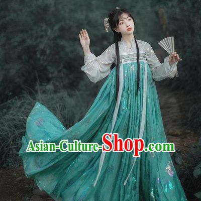Chinese Tang Dynasty Royal Princess Historical Costumes Traditional Hanfu Garment Ancient Noble Lady Blouse and Green Chiffon Dress Full Set