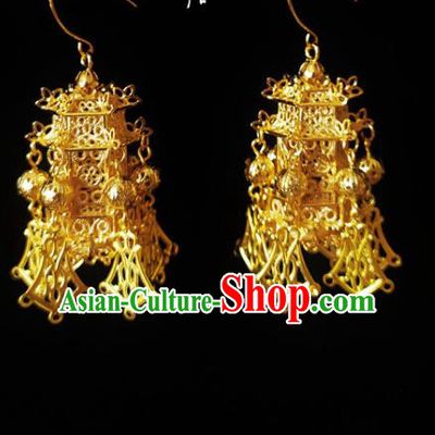 Chinese Handmade Court Golden Earrings Traditional Hanfu Ear Jewelry Accessories Classical Qing Dynasty Palace Eardrop for Women