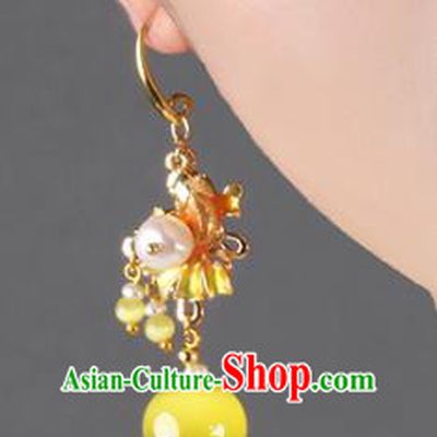 Traditional Chinese Yellow Opal Ear Accessories Handmade Eardrop National Cheongsam Fishtail Earrings for Women