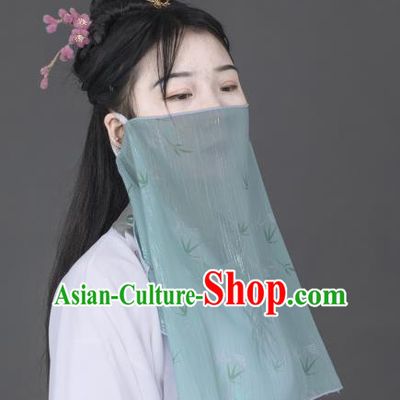 Chinese Traditional Ancient Female Swordsman Light Green Chiffon Printing Face Veil Hanfu Dance Mask Headwear for Women