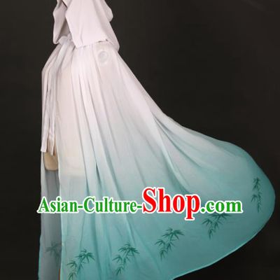 Traditional Chinese Hanfu Light Green Chiffon Cloak Ancient Costume Printing Bamboo Cape with Cap for Women