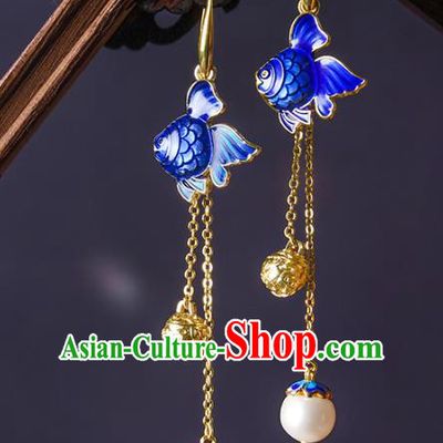 Traditional Chinese Blueing Goldfish Ear Accessories Handmade Eardrop National Cheongsam Golden Tassel Earrings for Women